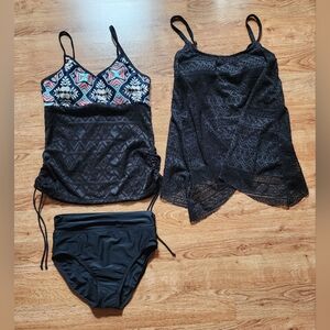3 Piece Swimsuit Lot Tankini Tops & High Waisted Bottom Size Small Black Elegant